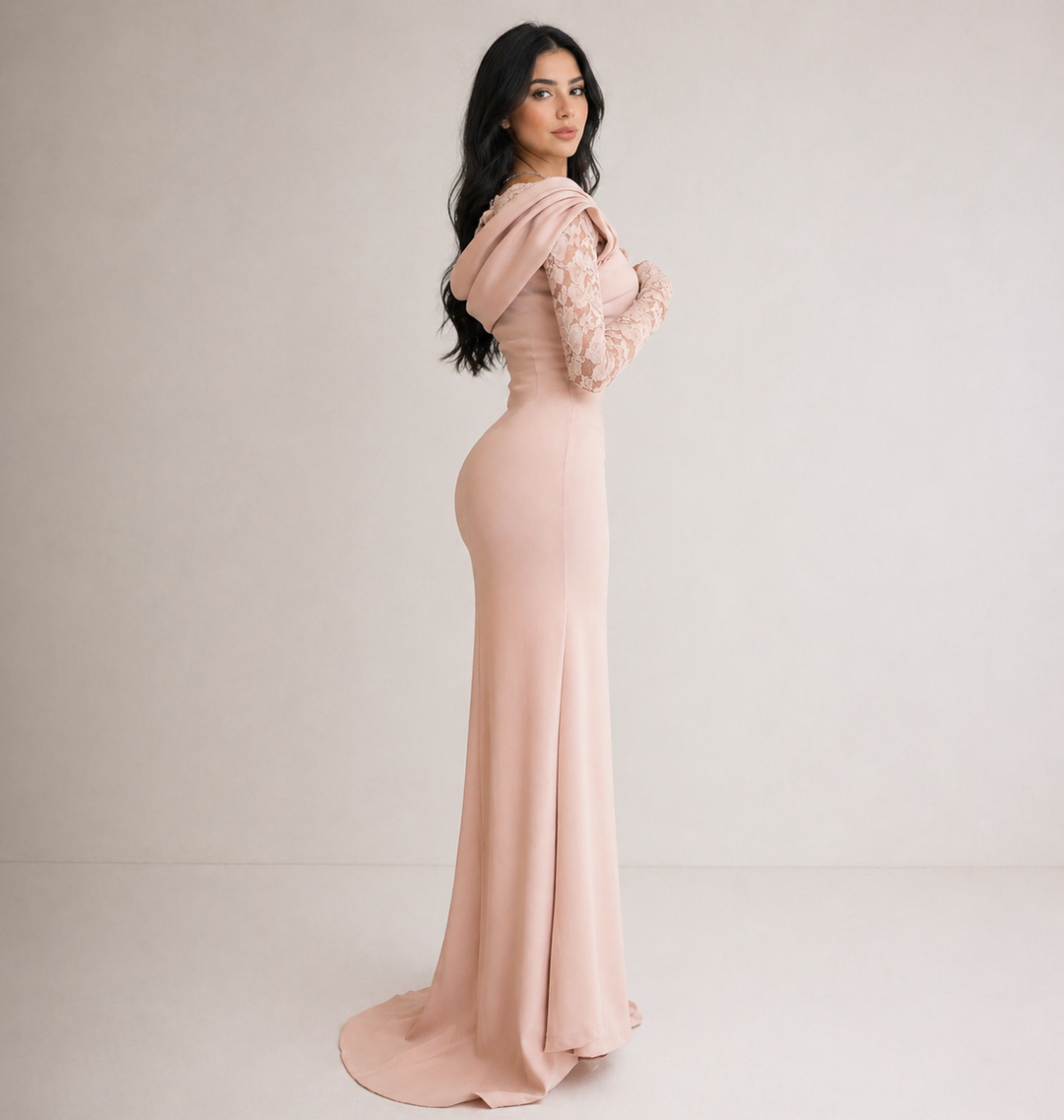 Blush Lace Sleeve Draped Gown – ÉLARA