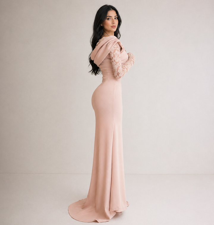 Blush Lace Sleeve Draped Gown – ÉLARA
