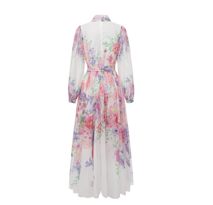 long sleeve floral chiffon dress with neck tie and belted waist – BLOSSOM