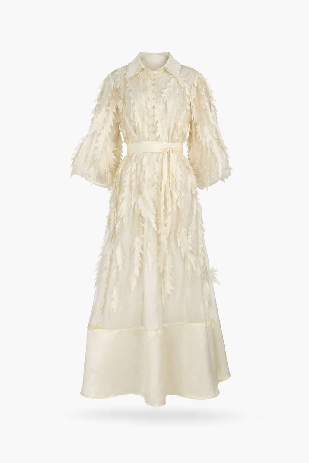 long sleeve chiffon dress with 3D leaf appliqué and belted waist – VIOLET