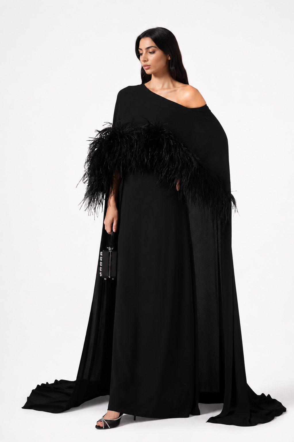 Feathered One-Shoulder Evening Gown - NOIRÉ