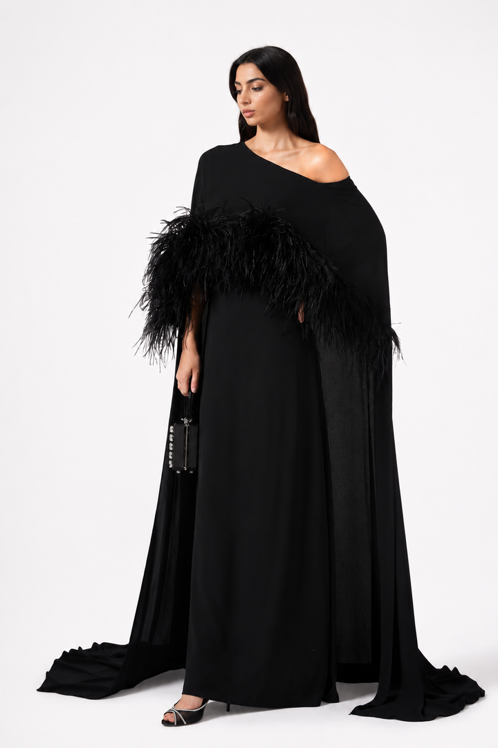 Feathered One-Shoulder Evening Gown - NOIRÉ