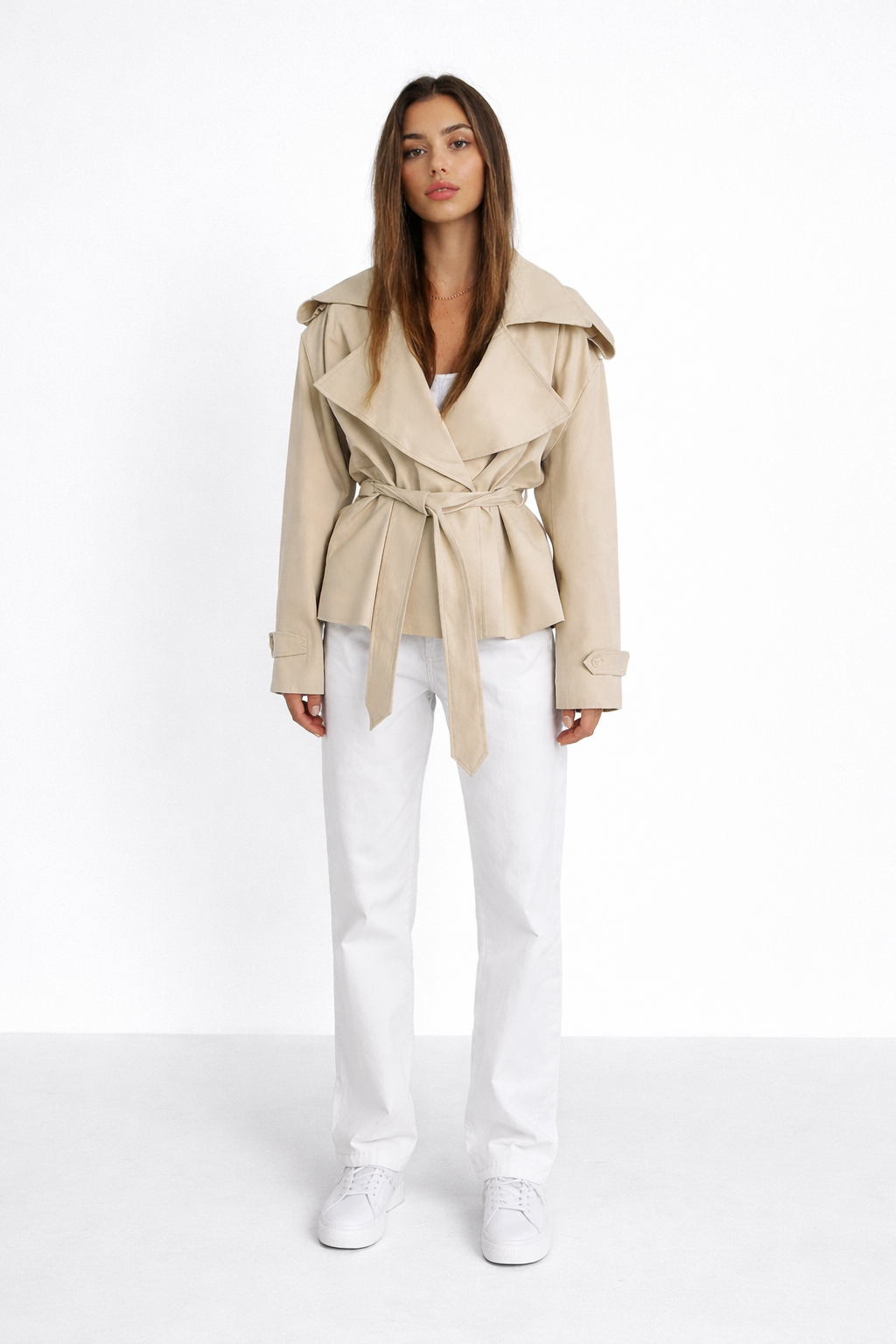 belted cropped trench jacket with oversized lapel – STRUCTURE