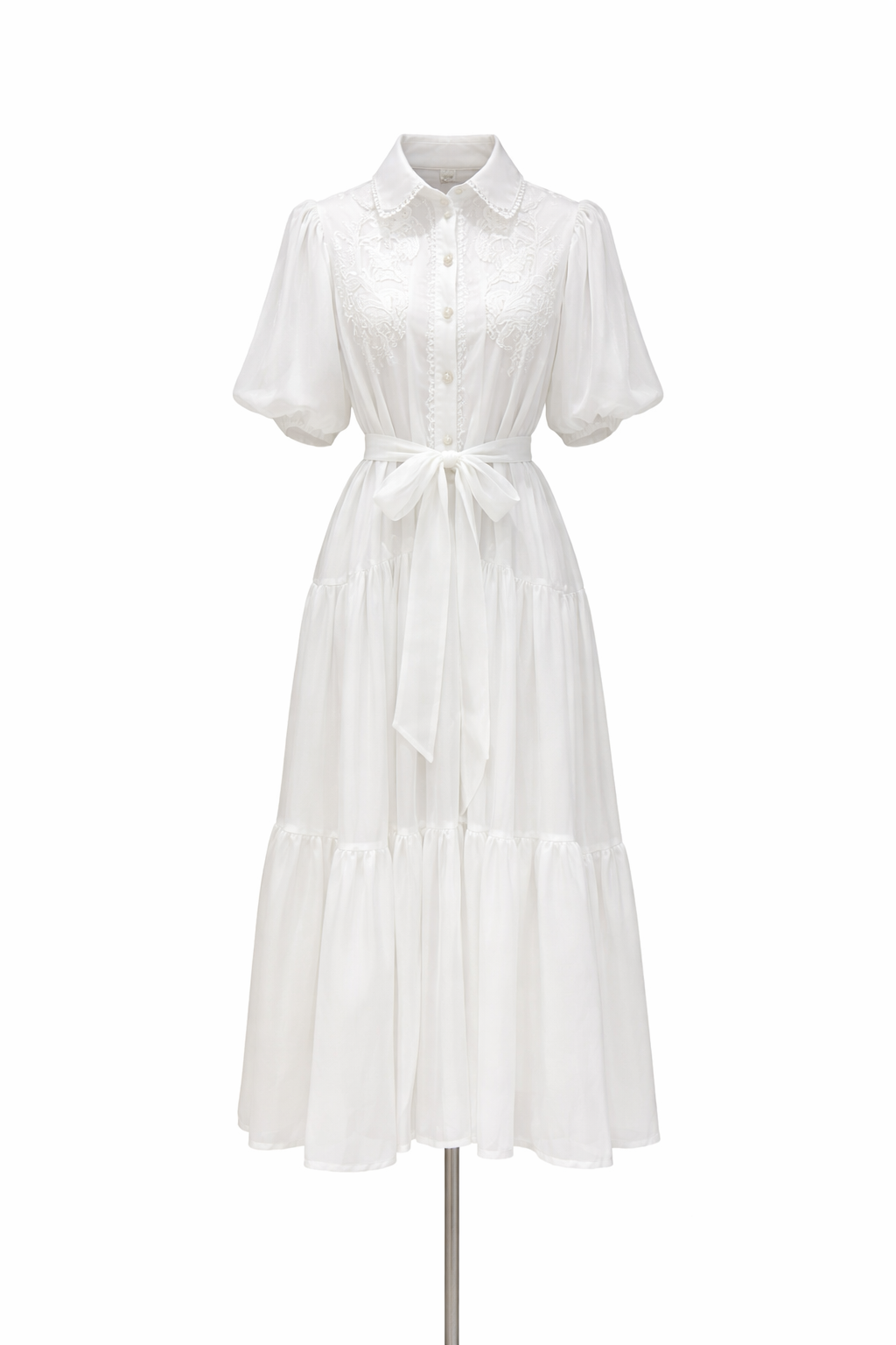 puff sleeve shirt midi dress with embroidered bodice and belt – OLIVIA