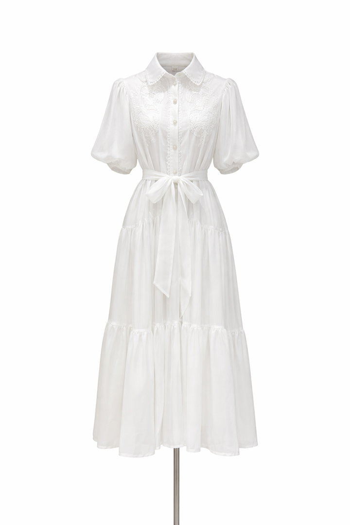 puff sleeve shirt midi dress with embroidered bodice and belt – OLIVIA