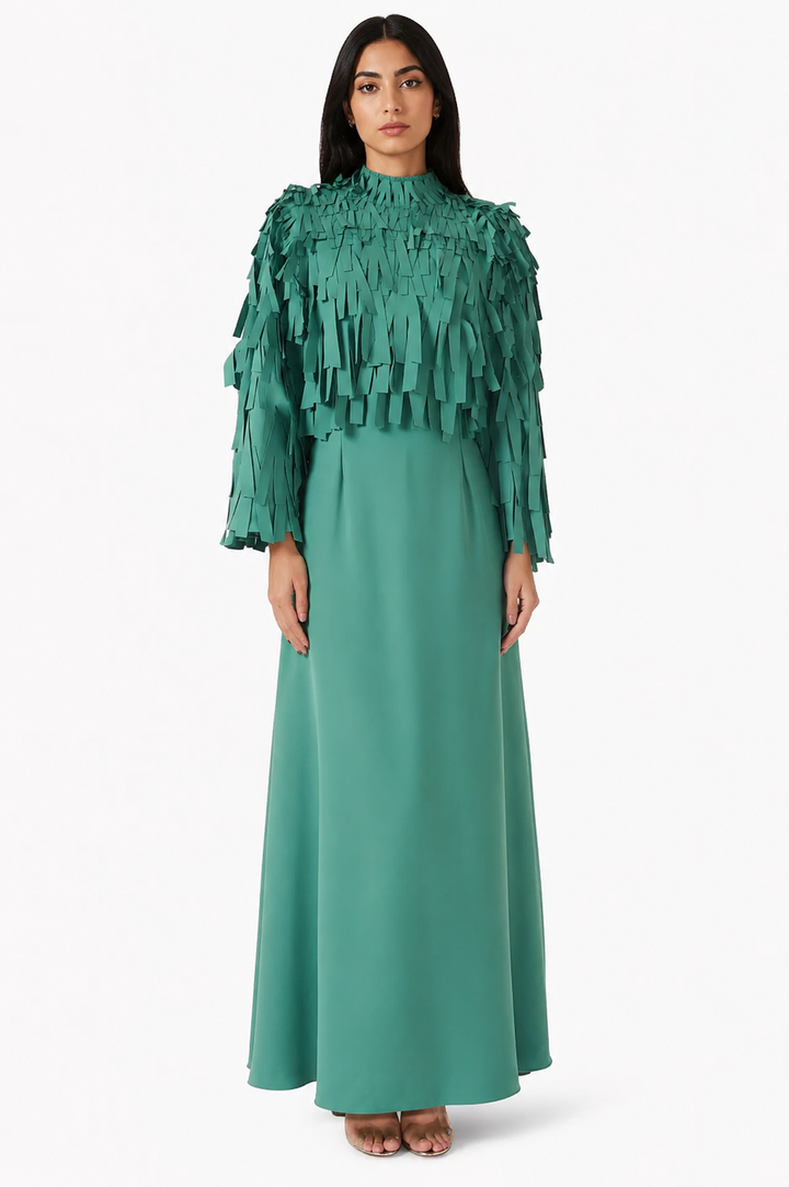 Fringe Detail Satin Evening Gown - ÉMERA