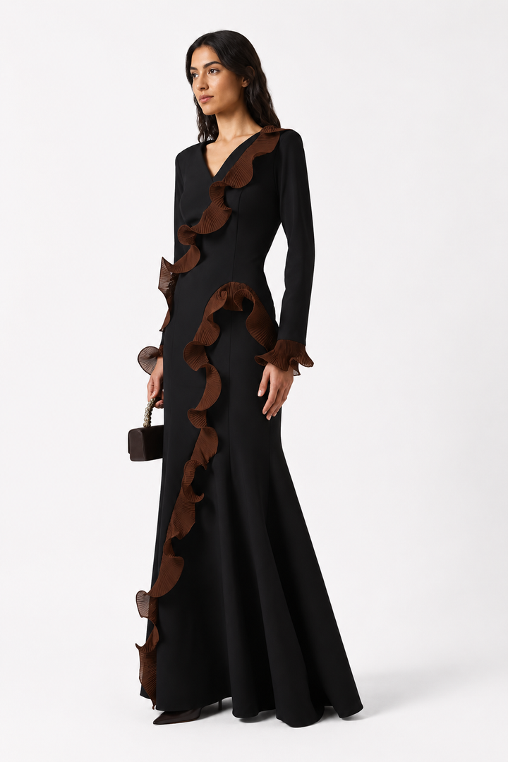 Ruffle Detail Mermaid Evening Gown - NOIRÉVA