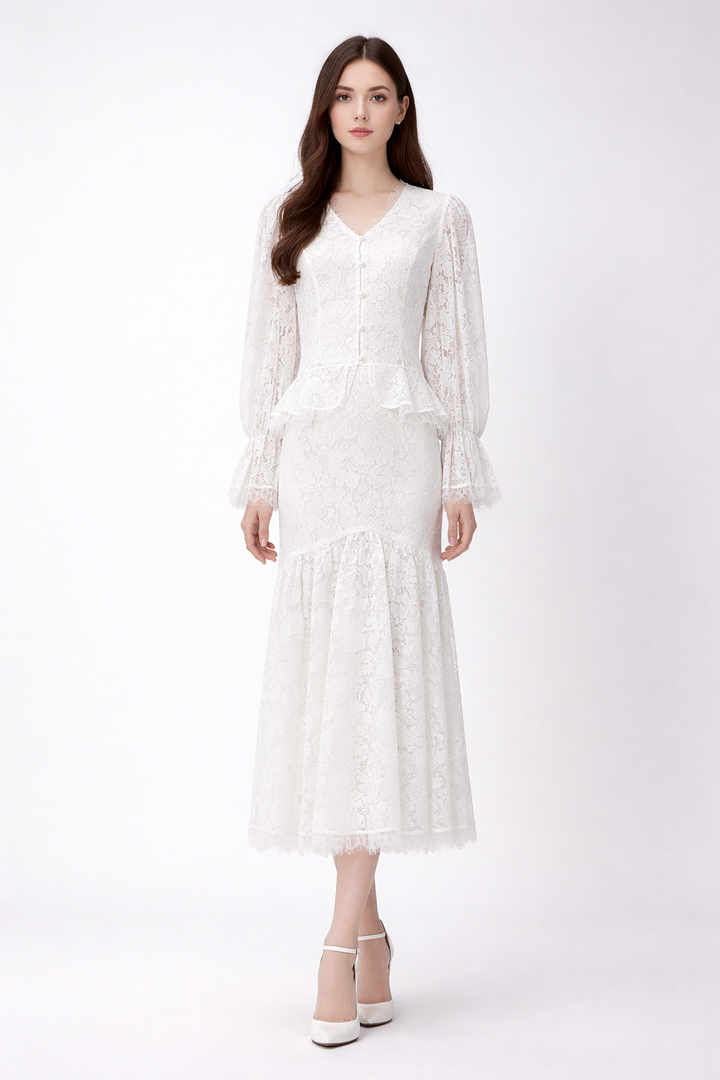 Elegant Lace Midi Dress with Button Front-ERINTA