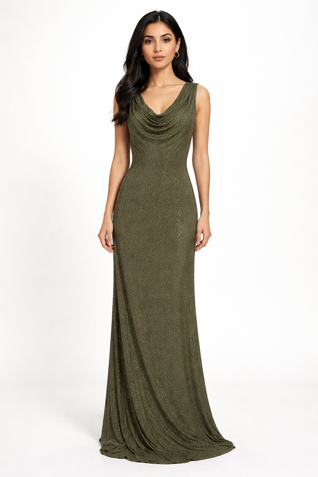 sleeveless maxi dress with draped cowl neckline and crystal embellishment – VERDA