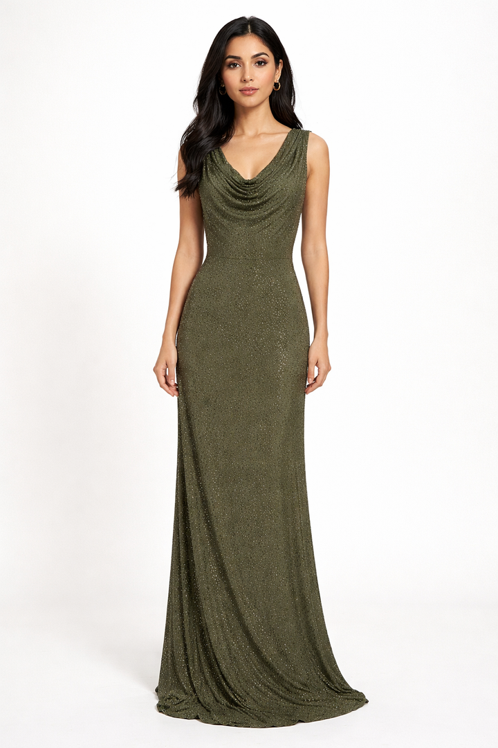 sleeveless maxi dress with draped cowl neckline and crystal embellishment – VERDA