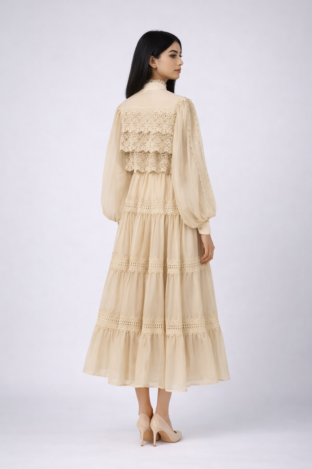 long sleeve layered lace dress with belted waist – SERENA