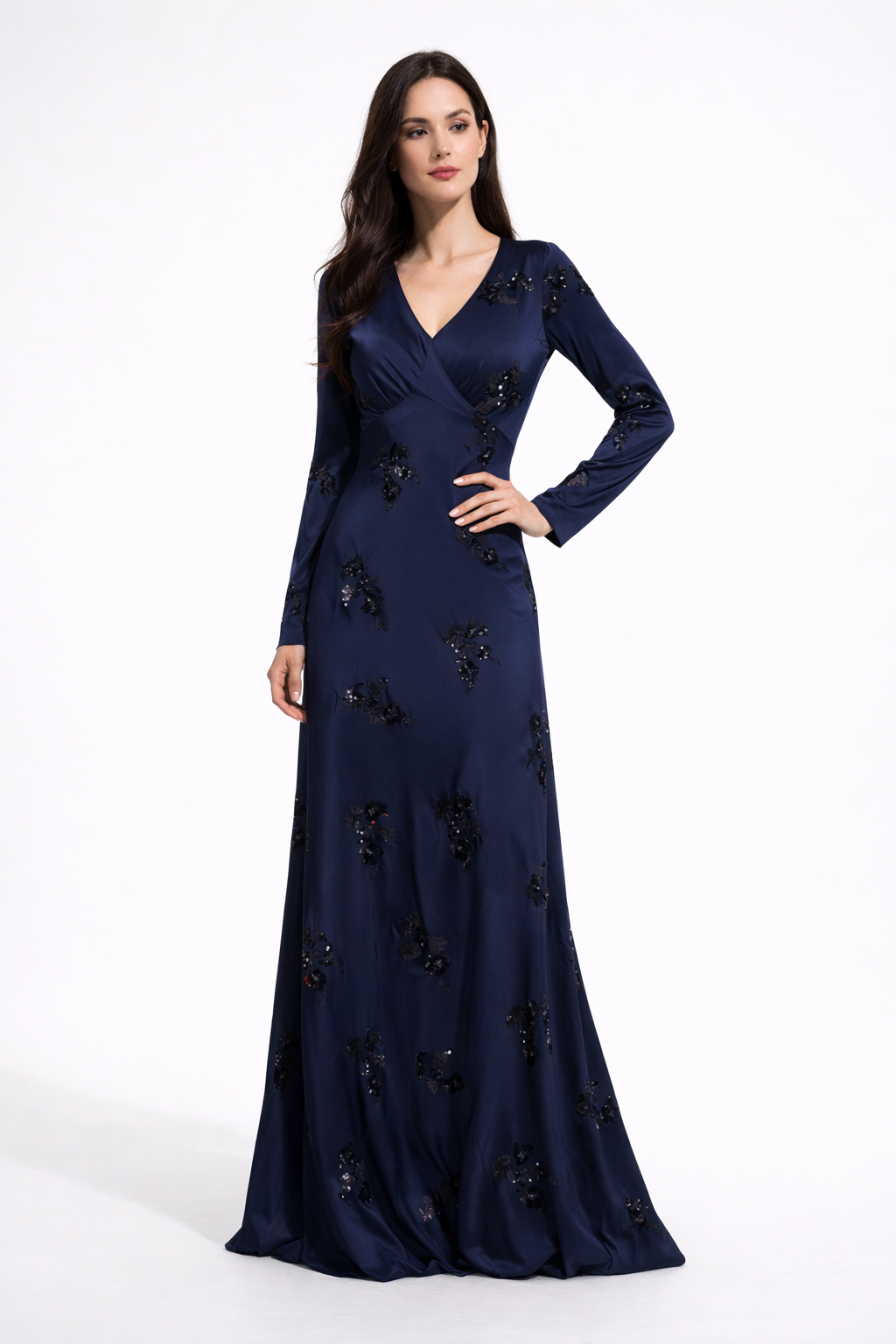 long sleeve V-neck mermaid gown with embellished detailing – MIDNIGHT