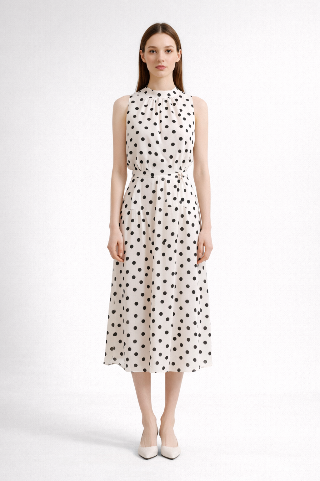 sleeveless polka dot midi dress with tie-neck detail – DOT