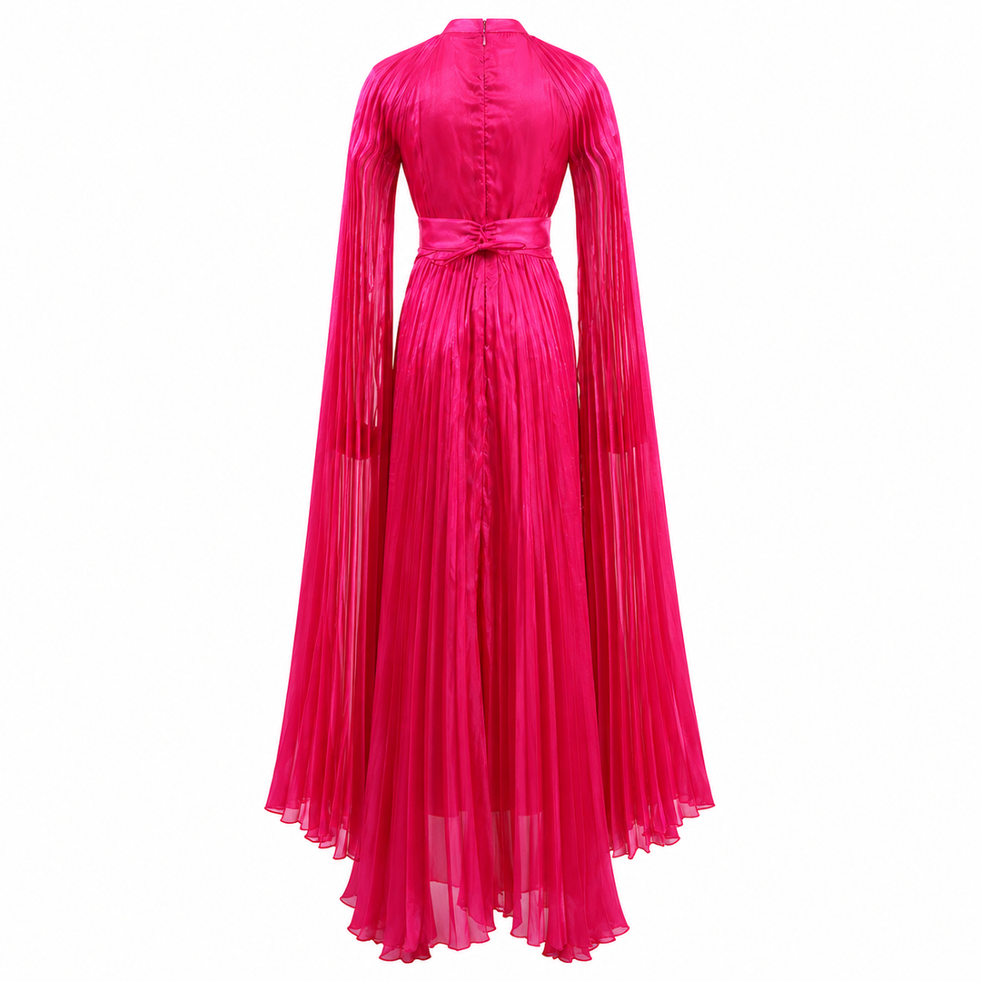 Pleated Cape Sleeve Maxi Dress - Fuchsia