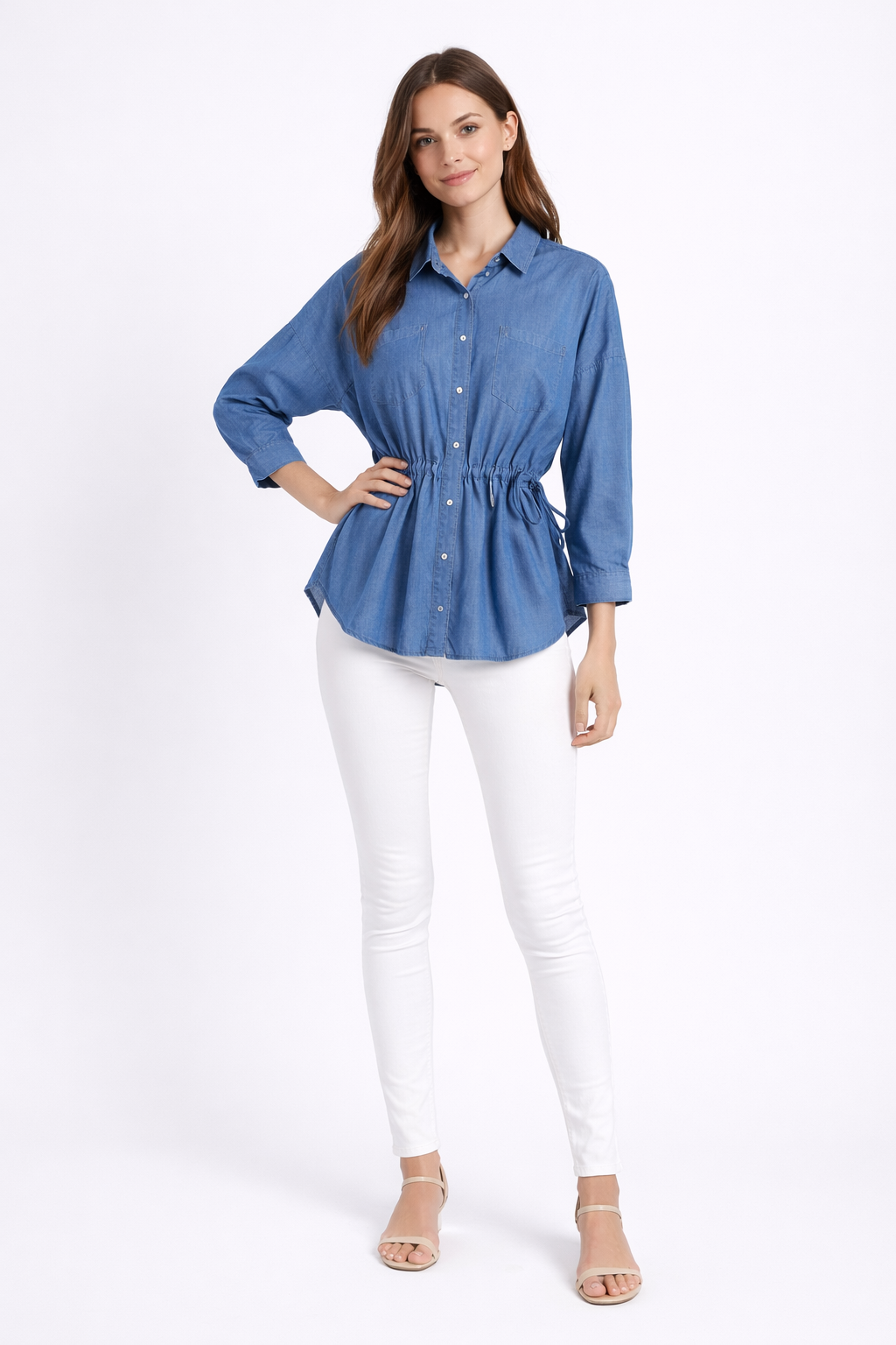 Drawstring Waist Denim Shirt-SCULPT