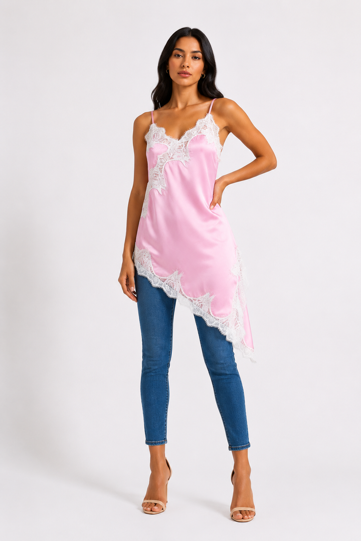 Lace Trim Satin Cami Top - Chic