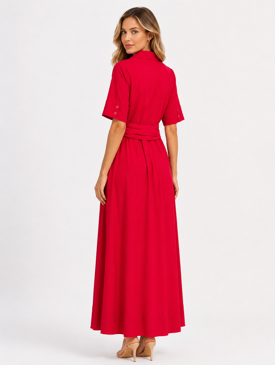 Elegant Belted Maxi Shirt Dress - Scarlet