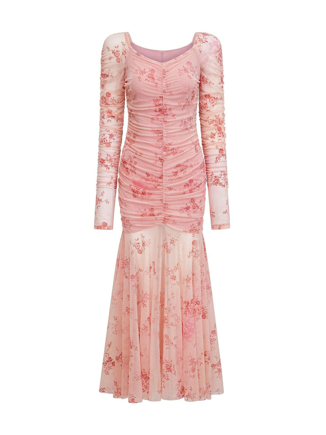 long-sleeve ruched floral midi dress with flared hem – ROSÉA
