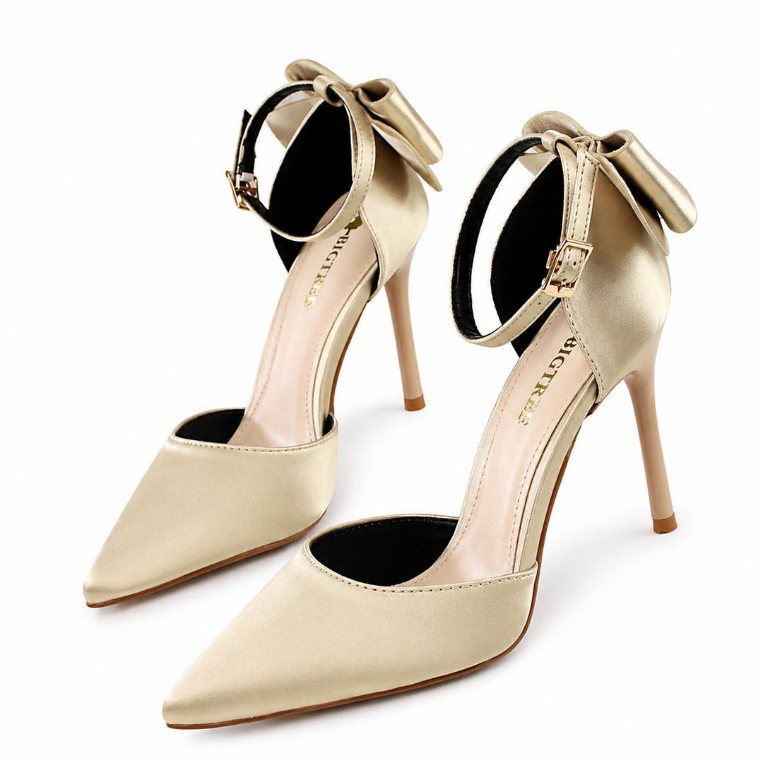 Fuchsia Satin Pointed-Toe Heels with Ankle Strap Bow – ROSÉVA
