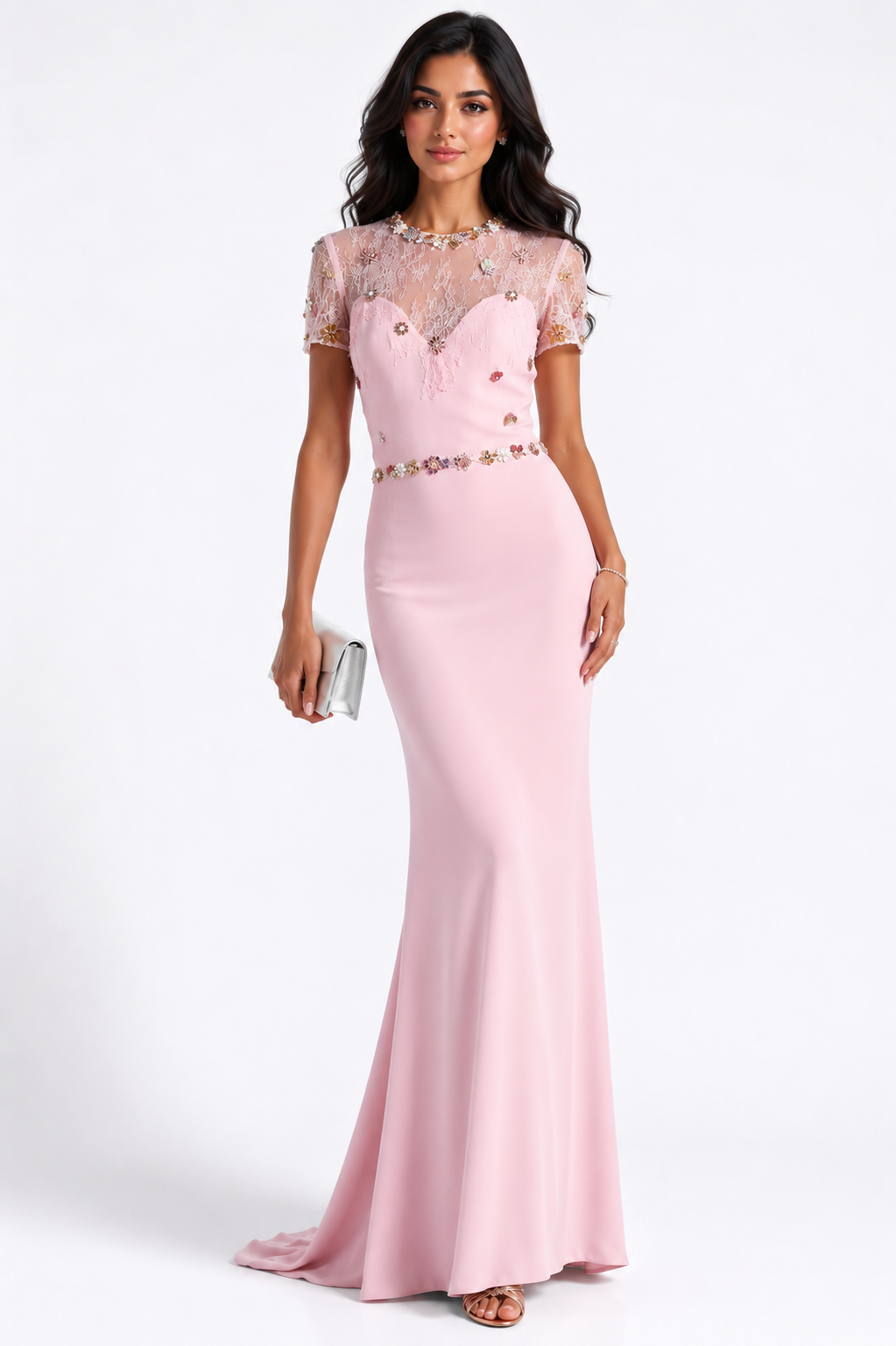 Blush Pink Embellished Lace Evening Gown - Blossom
