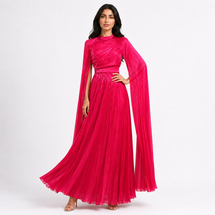 Pleated Cape Sleeve Maxi Dress - Fuchsia