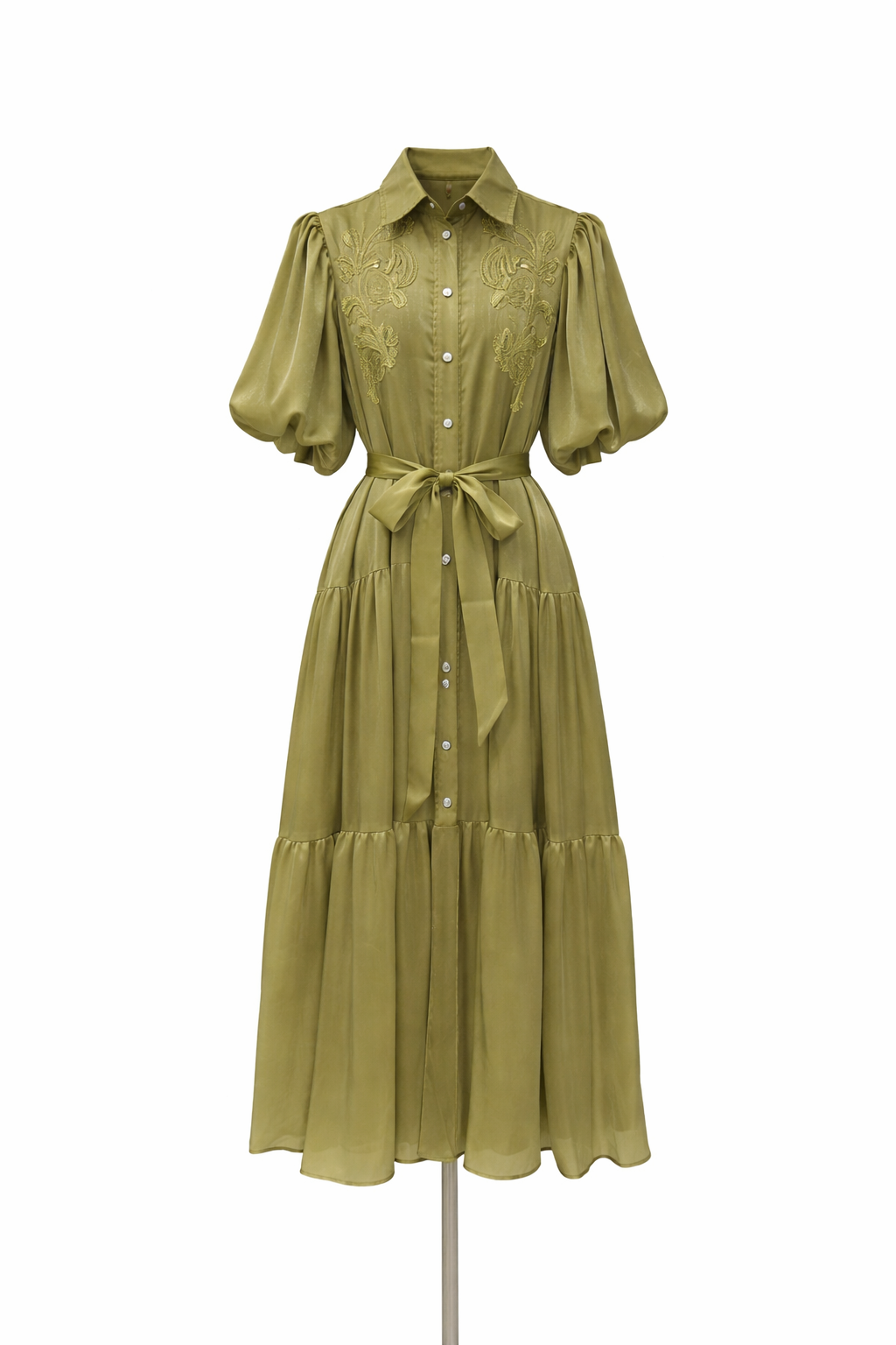 puff sleeve shirt midi dress with embroidered bodice and belt – OLIVIA