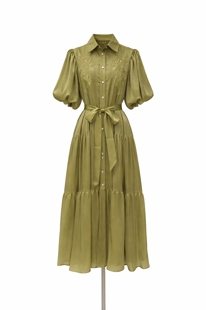 puff sleeve shirt midi dress with embroidered bodice and belt – OLIVIA