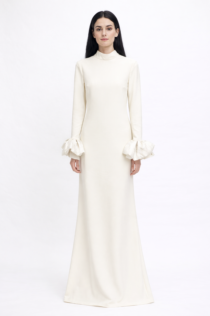 high-neck long sleeve maxi dress with ruffle cuffs – LUMINA
