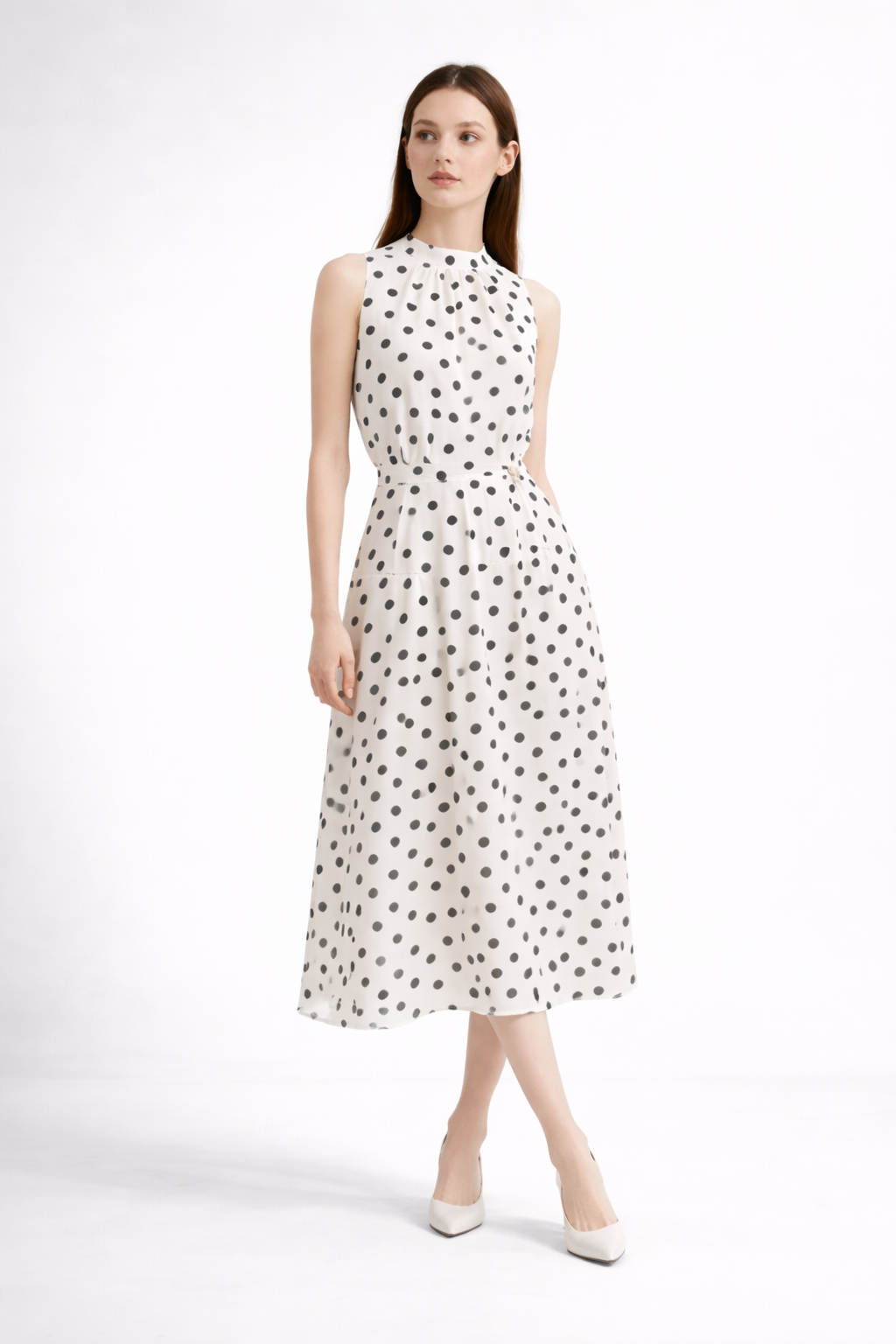 sleeveless polka dot midi dress with tie-neck detail – DOT