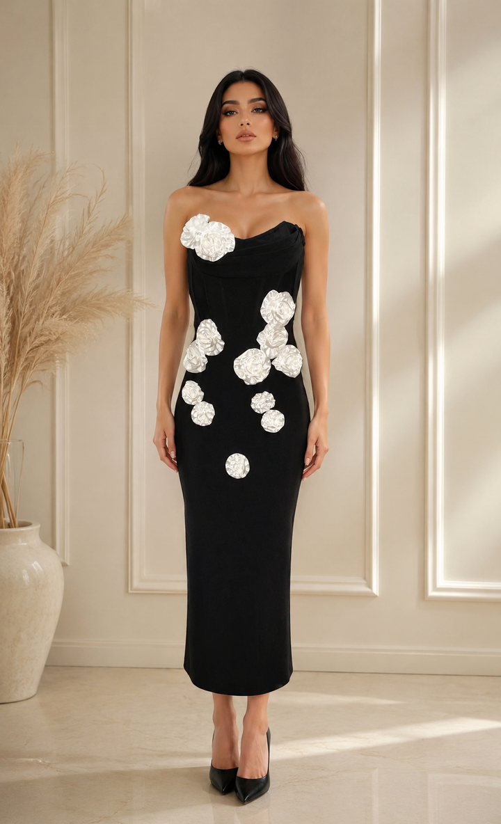 Floral Accent Strapless Midi Dress - Blossoms