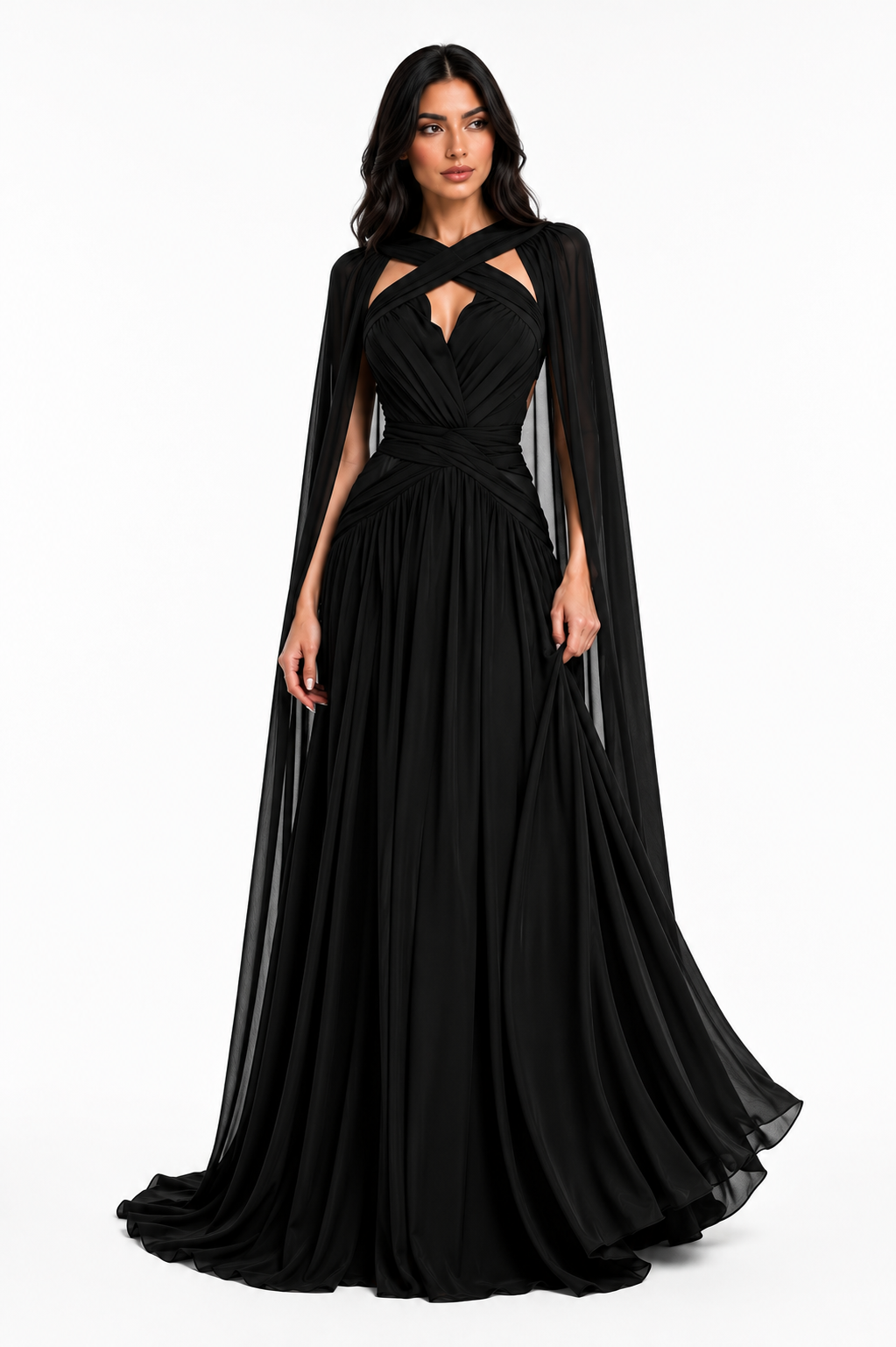 Crystal Cape Evening Gown - Noir