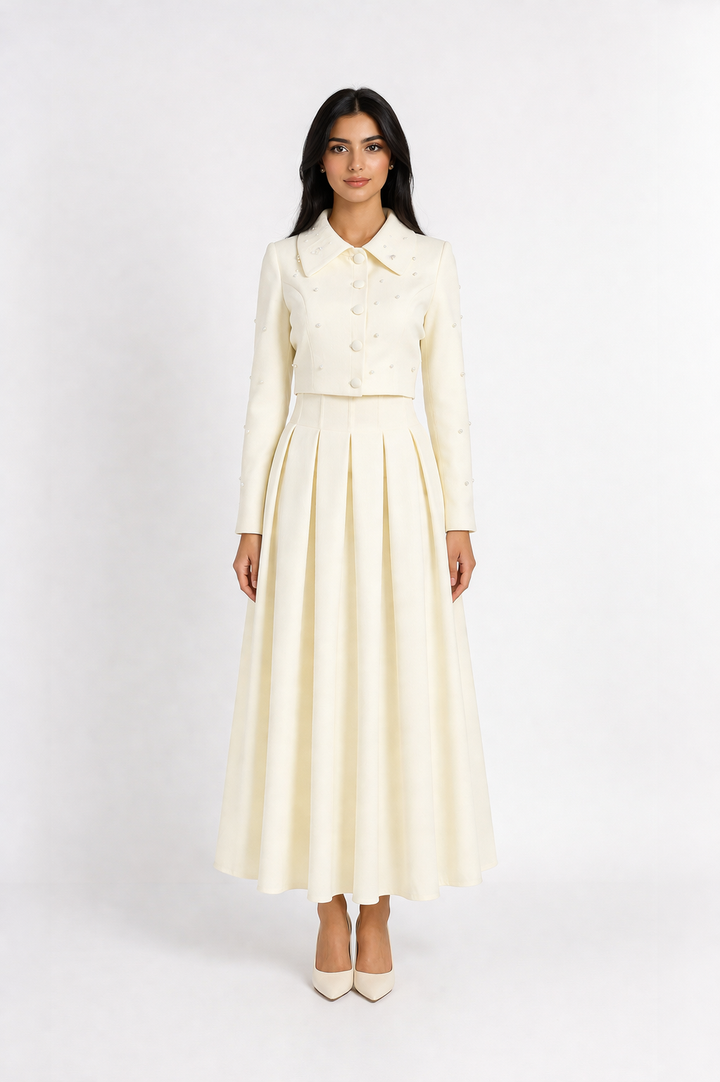Black Pearl Collar Pleated Midi Dress – VÉLORA
