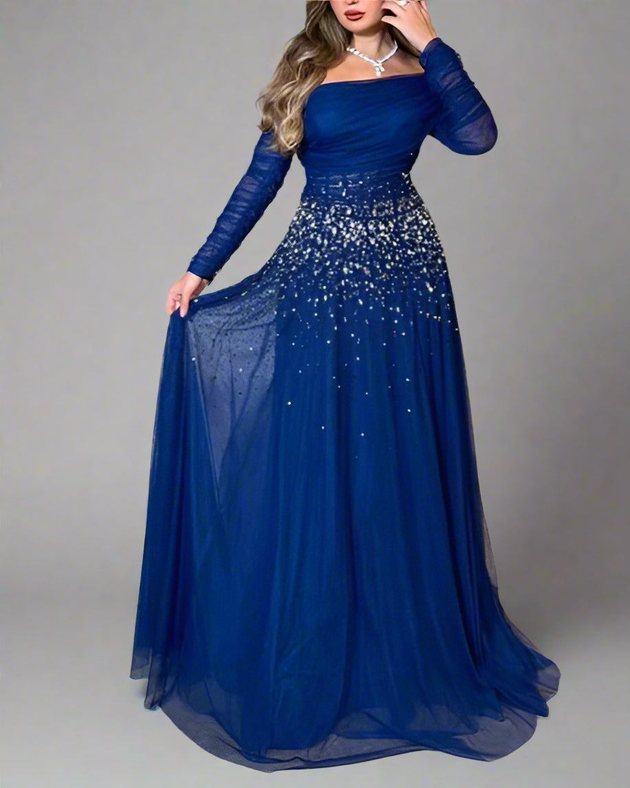 Off-shoulder tulle gown with crystal embellishments – STELLARA-1