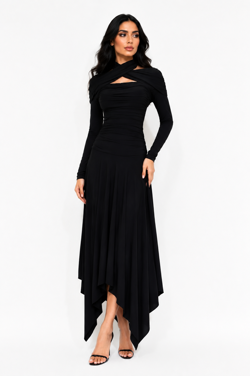 Twist Neck Asymmetrical Maxi Dress - Noir