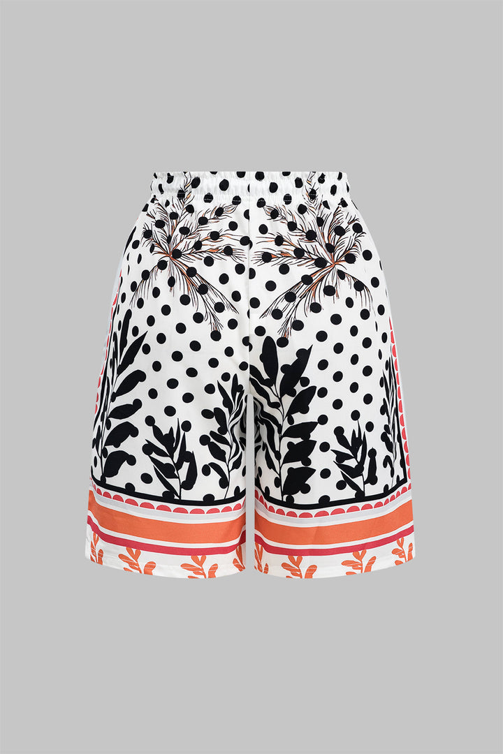 Polka Dots Print Button Short Sleeve Shirt And Ruched Tie Front Shorts Set