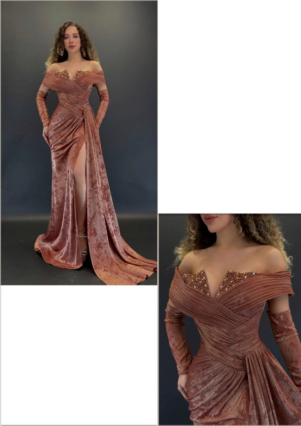 A shimmering, off-the-shoulder evening dress embellished with crystals 2436- JOLII