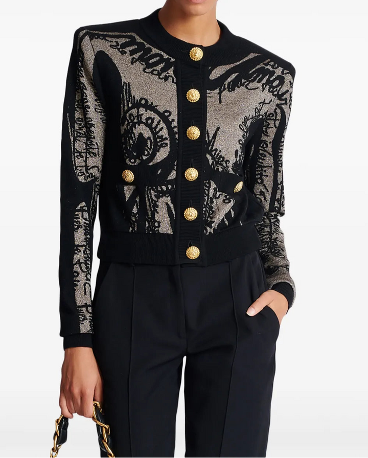 knitted cardigan with abstract script design – NOVAZLI