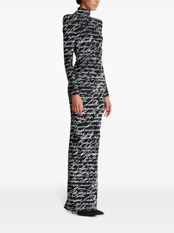 Lange mouw script-print jurk met hoge hals – Nokil 