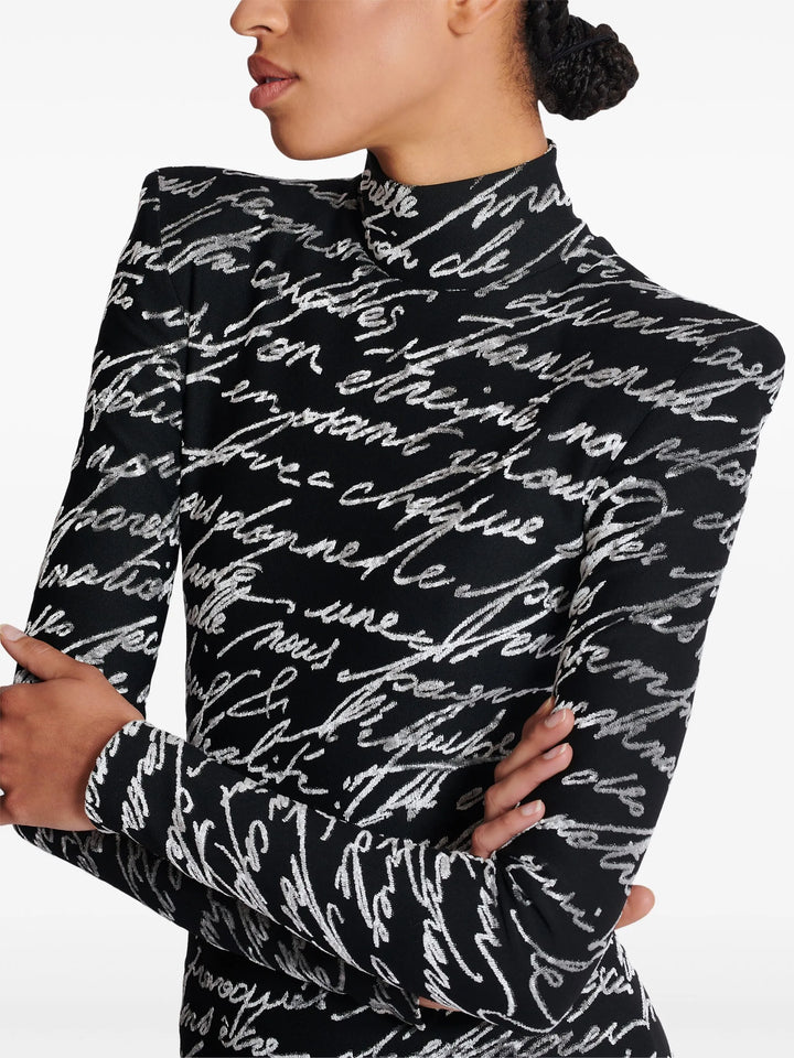 Lange mouw script-print jurk met hoge hals – Nokil 