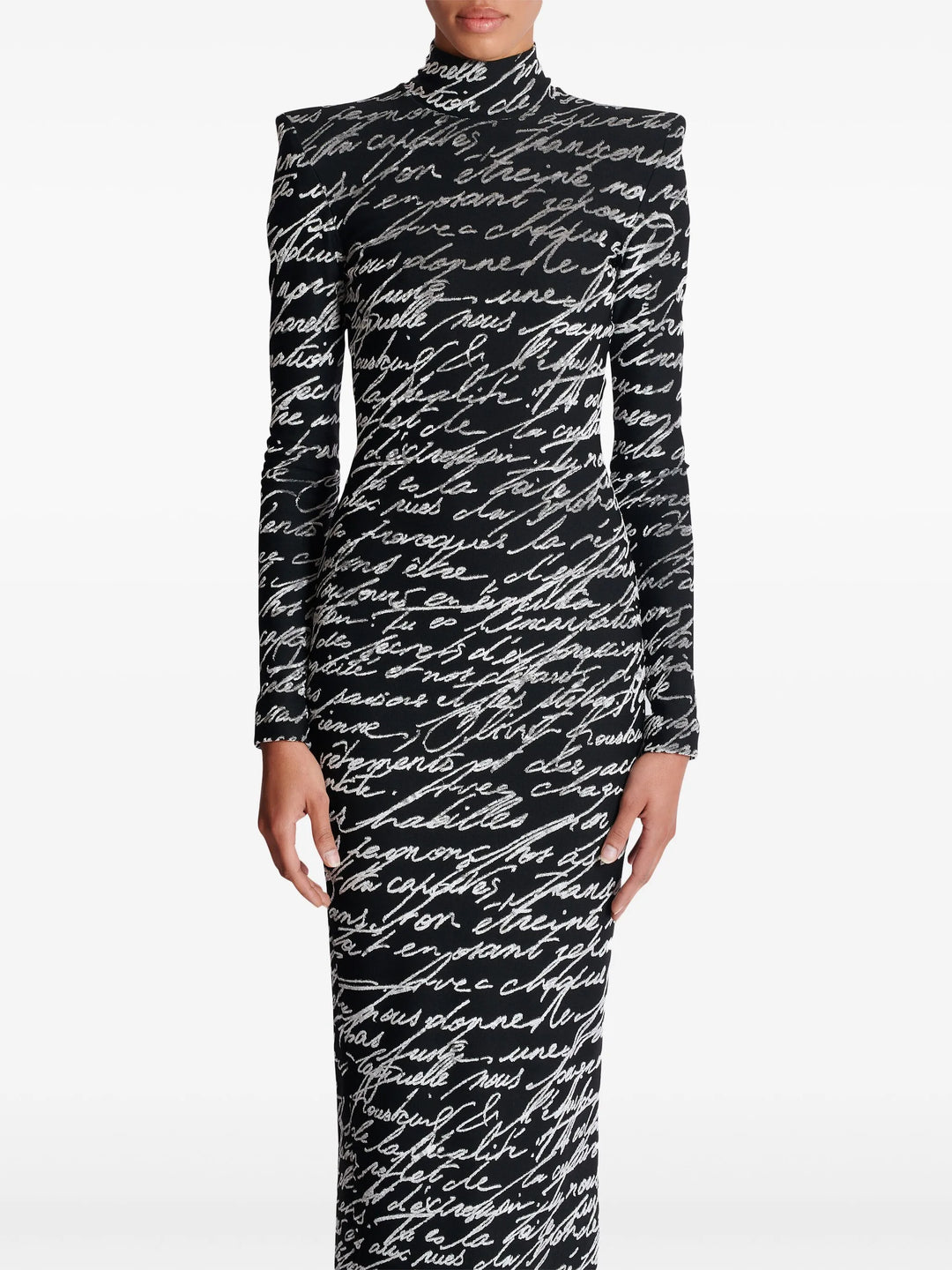 Lange mouw script-print jurk met hoge hals – Nokil 