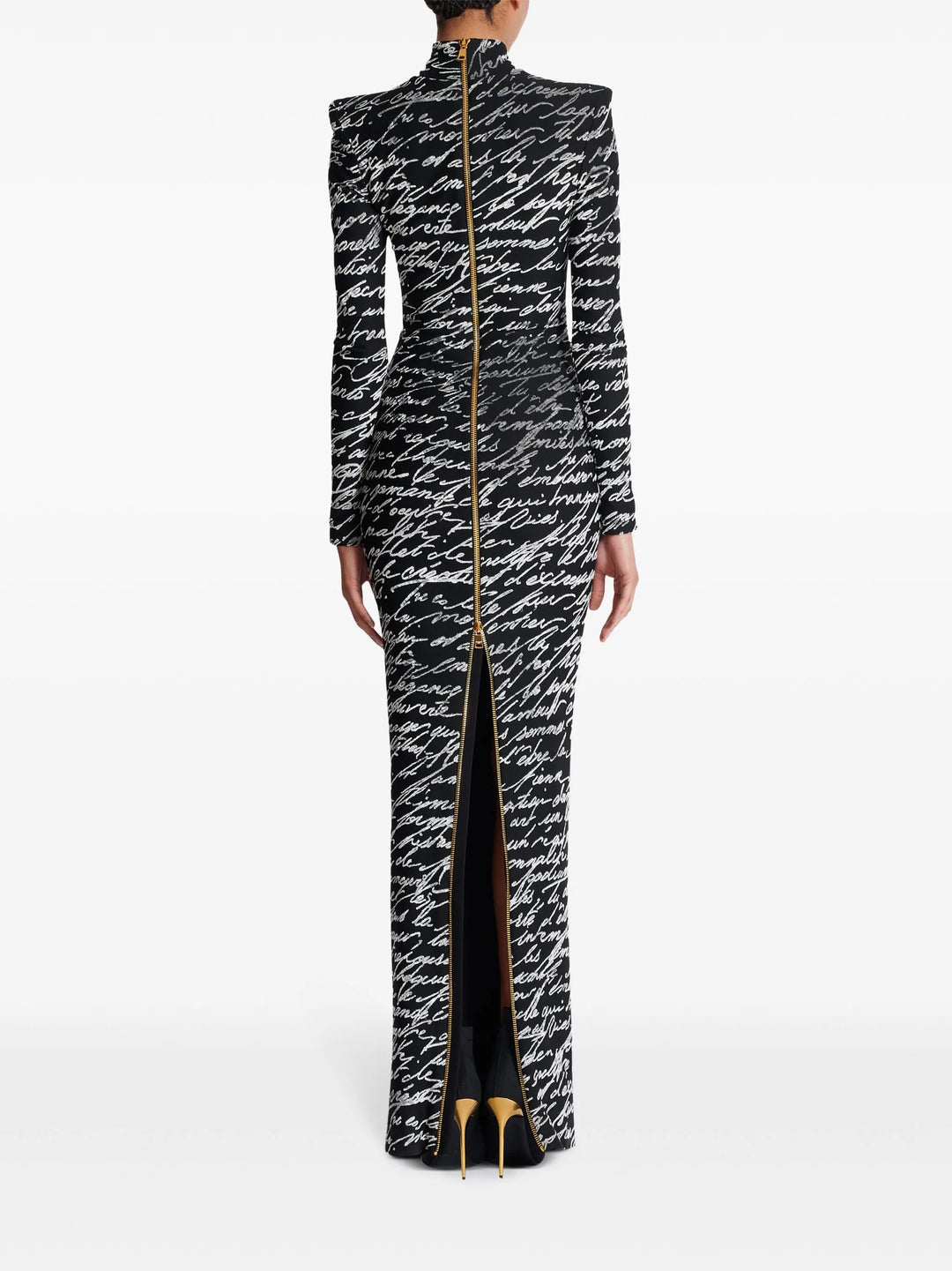 Lange mouw script-print jurk met hoge hals – Nokil 