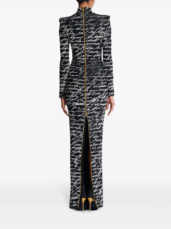 Lange mouw script-print jurk met hoge hals – Nokil 