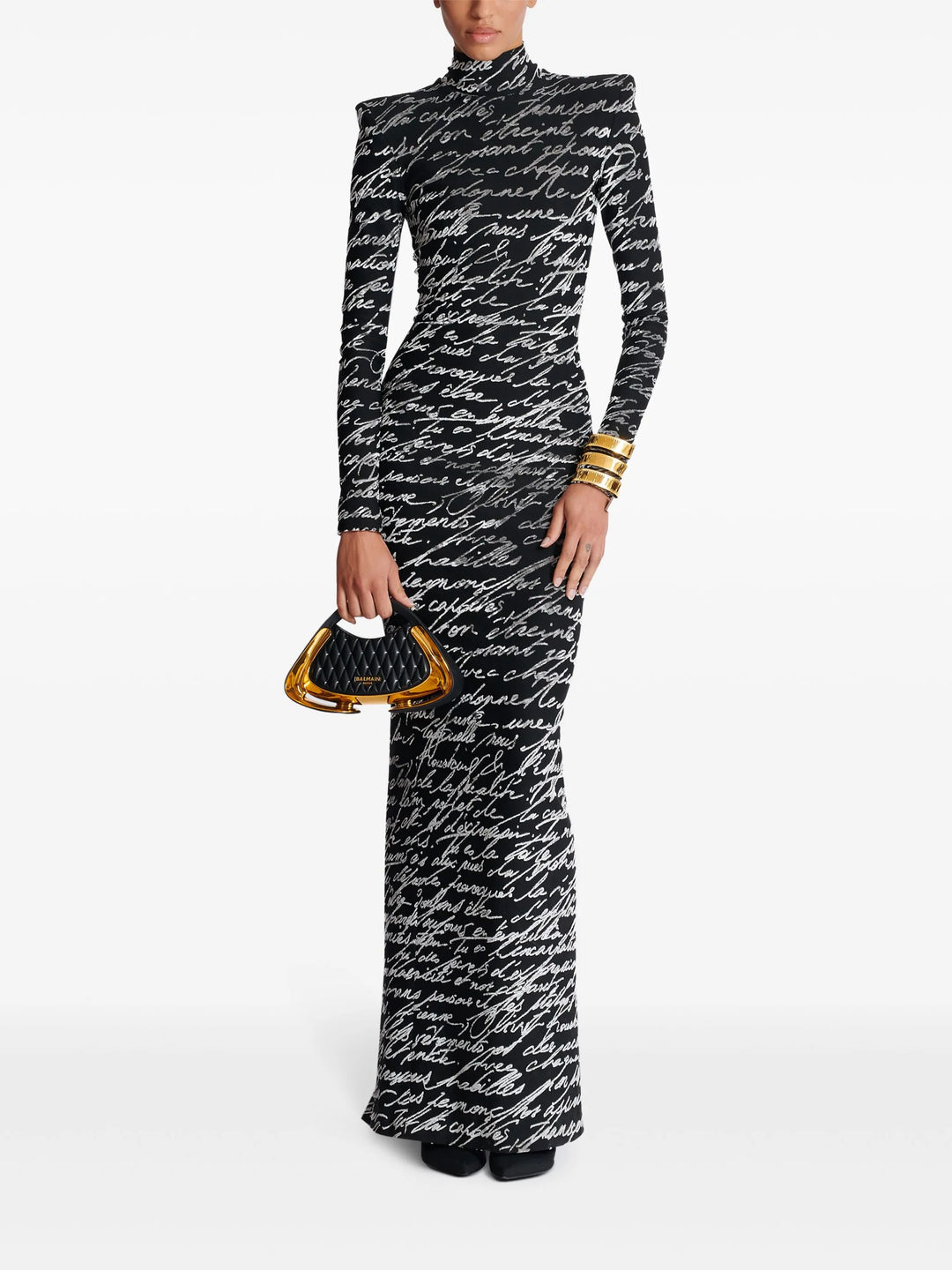 Lange mouw script-print jurk met hoge hals – Nokil 
