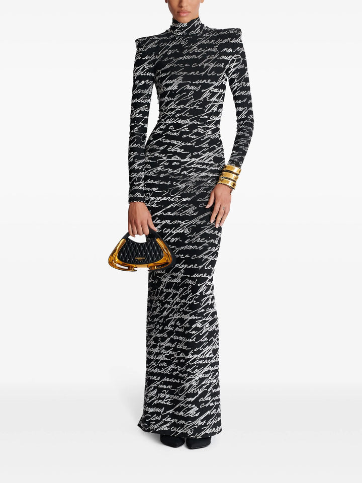 Lange mouw script-print jurk met hoge hals – Nokil 