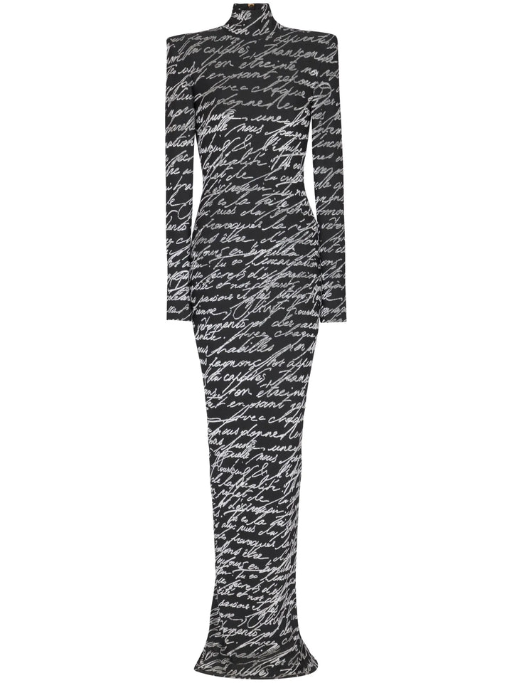 Lange mouw script-print jurk met hoge hals – Nokil 