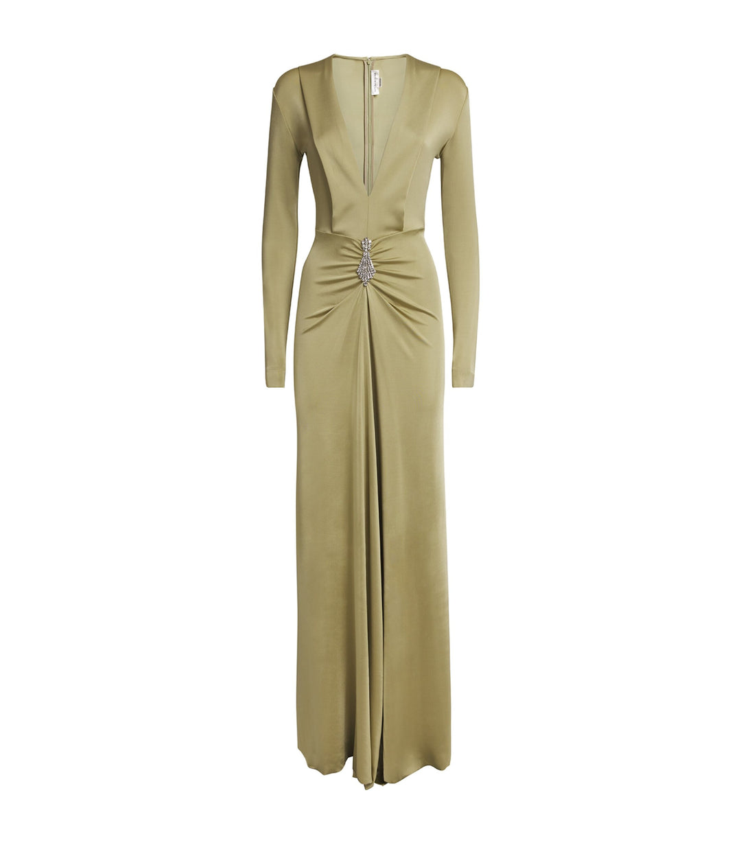 Deep V-neck draped gown with crystal embellishment – OLIVETTE