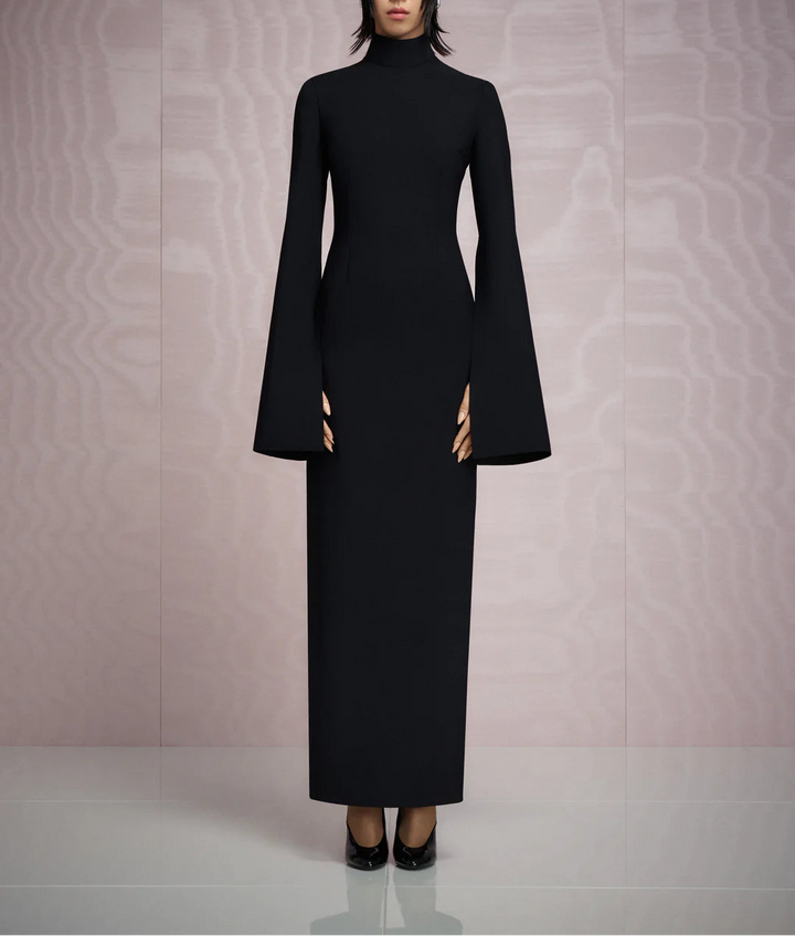 high-neck column gown with flared sleeves – JOSEFINE