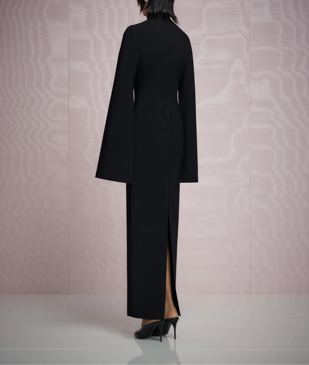 high-neck column gown with flared sleeves – JOSEFINE