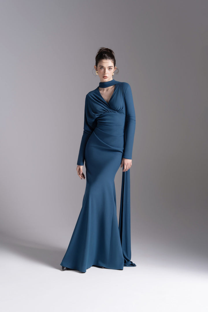 Draped V-neck gown with scarf detail – AURELIA
