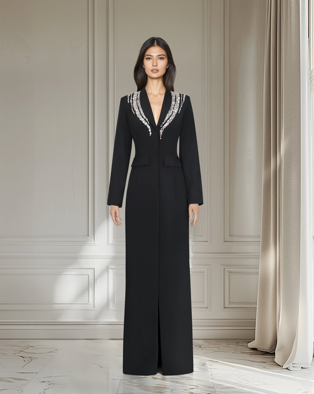 فستان بليزر أسود مع أكتاف مزينة بالخرز - فاني